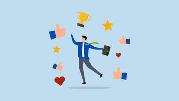 Appreciate high performance employee, 4k animation of joyful achievement entrepreneur with gratitude thumbs up clapping, stars and award. video