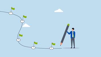 Workflow, 4k animation of entrepreneur sketching workflow line with achievement flag milestones using a pencil. video