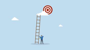 Mistake and error causing business problem and missing goal, 4k animation of despairing entrepreneur with an inadequate ladder cannot achieve goal. video
