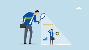 Employee performance evaluation, 4k animation of business executive director employs magnifier to assess staff with 5 star rating. video