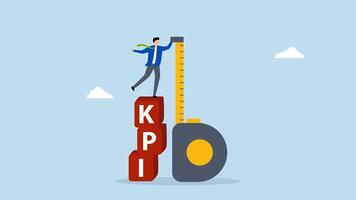 KPI, 4k animation of entrepreneur positioned atop KPI box evaluating performance. video