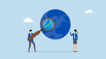 World economic analysis, 4k animation of entrepreneur using magnifying glass on globe alongside chart and graph. video