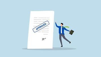Document approved, 4k animation of happy businessman with document paperwork with approved stamp. video