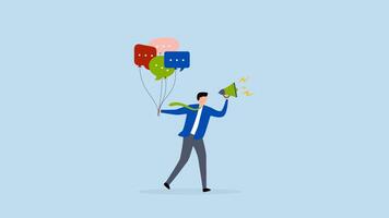 Communication or PR, 4k animation of entrepreneur grasping speech bubble balloons as he addresses with a megaphone. video