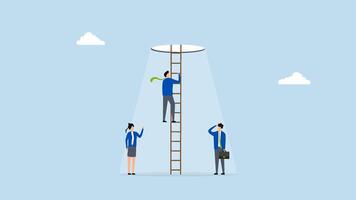 Hopefulness motivation to solve problem, 4k animation of aspire to conquer fear idea, entrepreneur ascend ladder towards illuminated path ahead. video