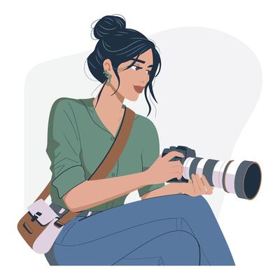 Smiling female photographer with a telephoto lens