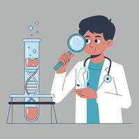 Doctor examining DNA sample in a laboratory setting. vector