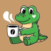 Cute Crocodile Drinking Coffee, a Cartoon Illustration for Kids. vector
