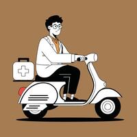 Doctor Riding a Scooter with Medical Kit - Illustration vector