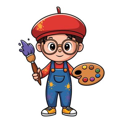 Cute cartoon artist child with paintbrush and palette