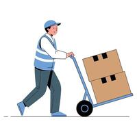 Smiling worker pushing a hand truck with boxes. vector