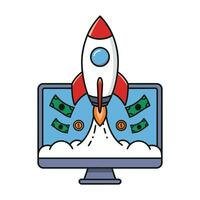 Rocket Ship Taking Off With Money From a Computer Screen vector
