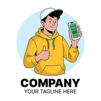 Happy young man displaying a smartphone app on his mobile phone vector