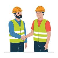 Two construction workers shaking hands, a collaborative moment vector
