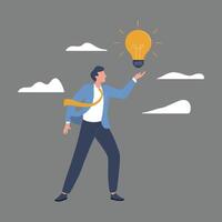 Flat illustration of businessman hold bright lightbulb creativity finding inspiration solution expert solving problem leader giving advise professional vector