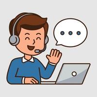 Customer service representative. Man and woman operator call center with headphones and microphone with laptop vector
