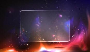Abstract glass morphism. fire flames on black background. Illustration with transparent screen for your design. vector