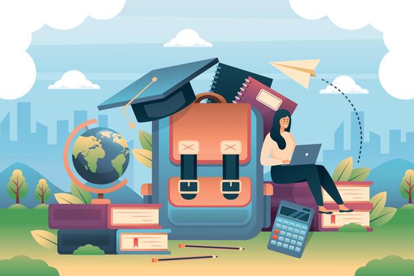 Student Surrounded by Educational Tools