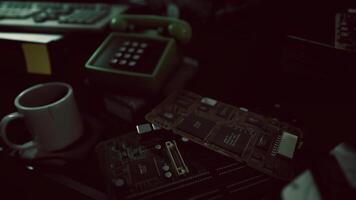 A nostalgic workspace featuring old technology and circuit boards at night video