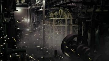 Industrial machinery in a dimly lit factory with dust and particles floating video