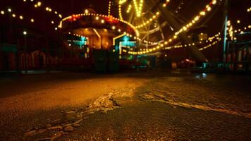 een leeg amusement park Bij nacht met kleurrijk lichten en stil ritten video
