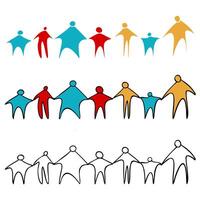 People chain. Different ages and shapes holding hands together graphic silhouette. Human people chain set. Black contour, colorful filling, isolated on a white background. People, diversity, together vector