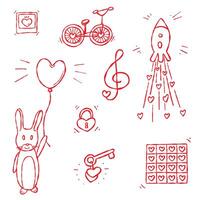 Unique Valentine Doodle Set. Hand drawn unique contour elements, red line, isolated, white background. Valentine s Day, honeymoon, web and digital design, postcards, stickers, gifts vector