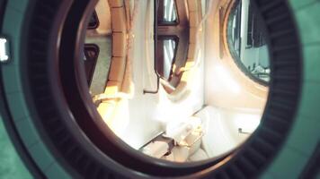 Interior view of a space station showing round window and modern design video
