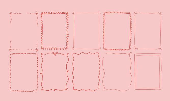 Set of hand drawn frames in coquette style, illustration. Cute borders for wedding invitation designs, menu or greeting cards. A4 whimsical style frames.