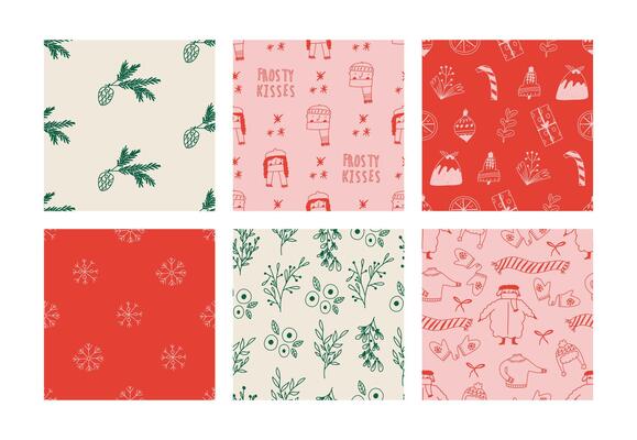 Set of Christmas seamless pattern, illustration. Cute hand drawn doodles of winter flowers and plants, warm clothes, Christmas elements. Great for wrapping paper.