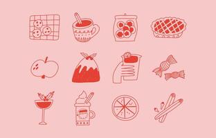 Set of Christmas food and drinks in hand drawn doodle style, illustration. Concepts of winter holidays. Cookies, pie, pudding, candy, cocoa drink, cinnamon sticks. vector