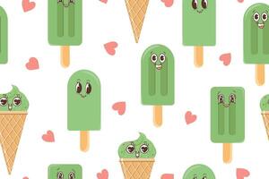 Seamless pattern with matcha ice cream in kawaii style. graphics. illustration vector