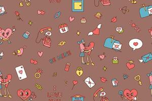Valentine's day seamless pattern in retro 70s, 80s style. Cute heart characters. illustration on mocha mousse color background. vector