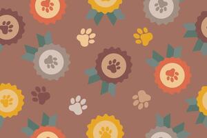 Seamless pattern of award symbol icon. Dog or cat paw print badge with ribbons. Pet show winner concept. Trendy modern illustration on mocha mousse color background. vector