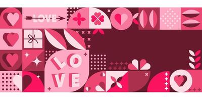 Valentines Day geometric banner background template. Love hearts abstract geometric pattern background, banner template.Trendy minimalist design. Love and heart collage background. illustration vector