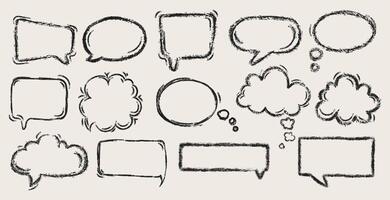 Speech bubbles Charcoal pencil drawing sketches set of different shapes.Crayon handwritten speech bubble doodles set. Speech sign dialog communication shapes. Funky grunge style. illustration vector