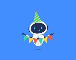 Cute smiling robot holding colorful bunting. illustration for technology, AI or celebration designs vector