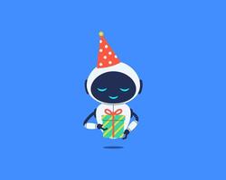 Cute smiling robot holding present in box. illustration for technology, AI or celebration designs vector