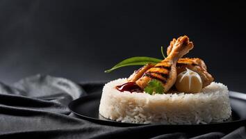 A Plate of Sticky Rice Accompanied by Grilled Chicken and Sauce on a Black BackgroundA Plate of Sticky Rice Accompanied by Grilled Chicken and Sauce on a Black Background. photo
