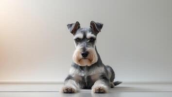 A Standard Schnauzer sitting gracefully on a , showcasing its distinctive beard and eyebrows. photo