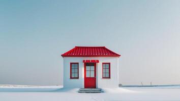 A small red and white building with a red roof and a red awning. photo