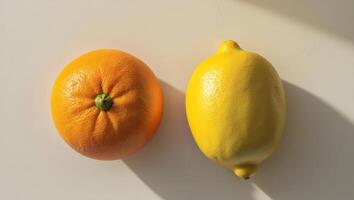 Citrus Fruits Still Life with Tangerine and Lemon on a Neutral Background.Citrus Fruits Still Life with Tangerine and Lemon on a Neutral Background. photo
