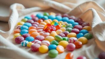 Colorful Candies Arranged in a Fan Shape on Beige Fabric.Colorful Candies Arranged in a Fan Shape on Beige Fabric. photo
