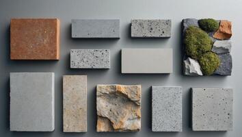 A modern composition of various stone and concrete samples photo