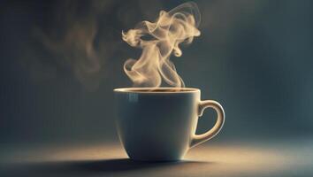 Warm cup of coffee emits steam in a dark setting with soft light highlighting the surfaceWarm cup of coffee emits steam in a dark setting with soft light highlighting the surface. photo