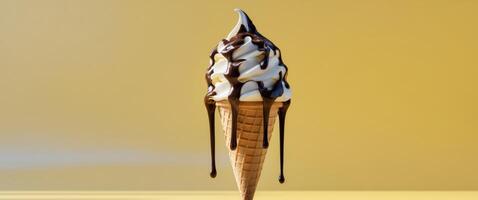 Vanilla Ice Cream Cone Dripping with Chocolate Sauce on Yellow Background photo