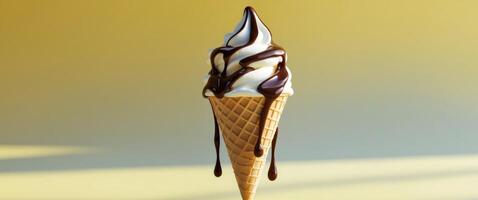 Vanilla Ice Cream Cone Dripping with Chocolate Sauce on Yellow BackgroundVanilla Ice Cream Cone Dripping with Chocolate Sauce on Yellow Background. photo