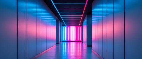 Vibrant neon light panels in modern hallway with colorful glowVibrant neon light panels in modern hallway with colorful glow. photo