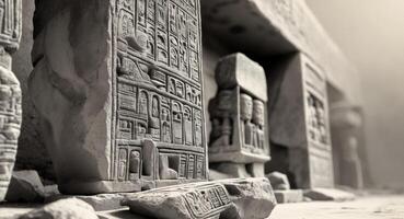 Archaeological site with ancient artifacts and hieroglyphic carvings. photo