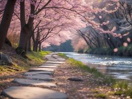 Serene Spring Pathway Along Tranquil River Surrounded by Cherry Blossom Trees photo